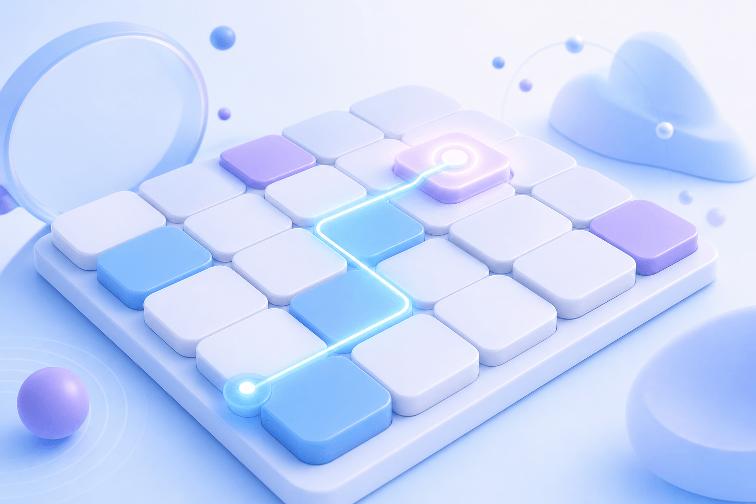 A softly lit tile grid with a focused blue path