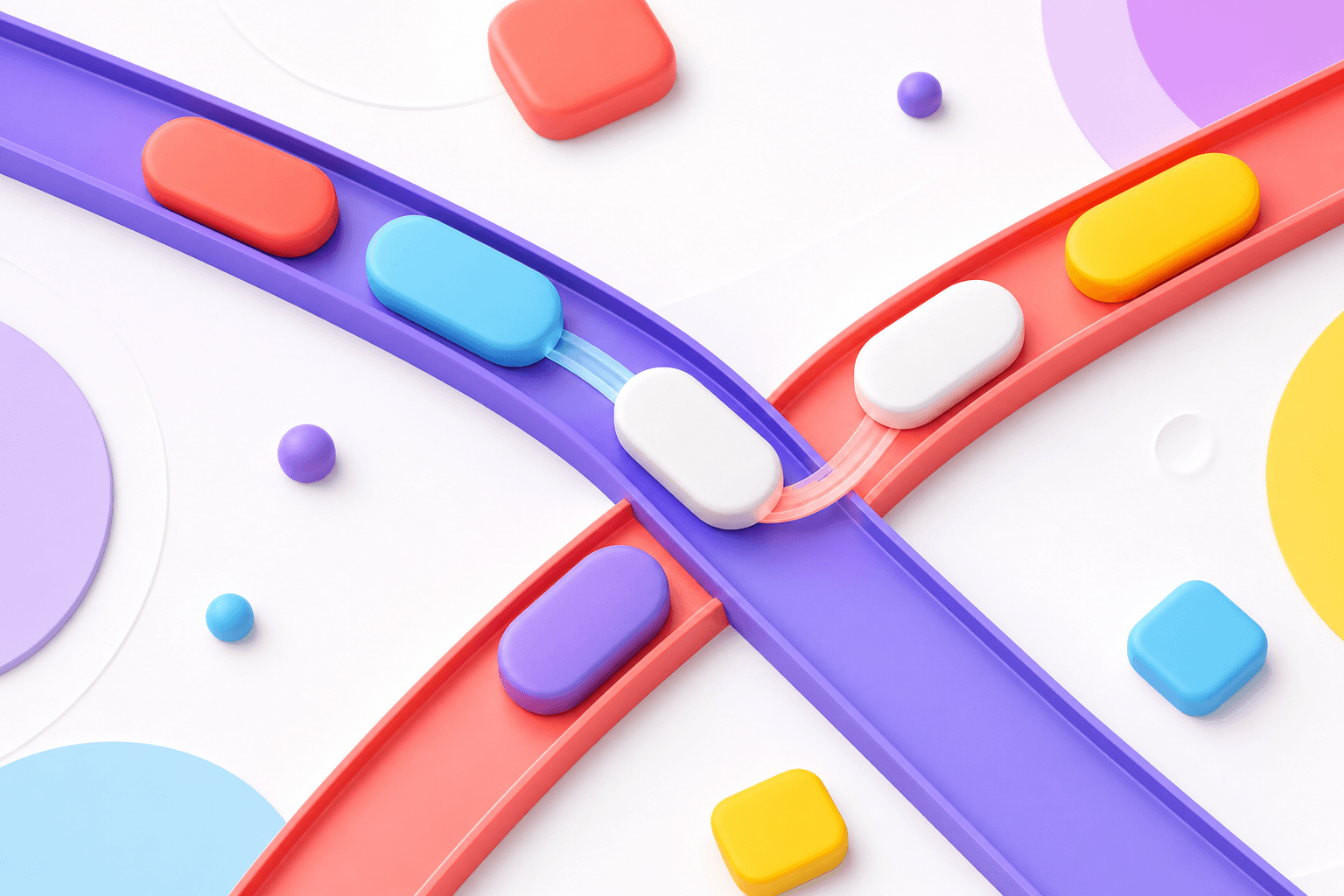 Colorful rounded tiles crossing between two bright tracks