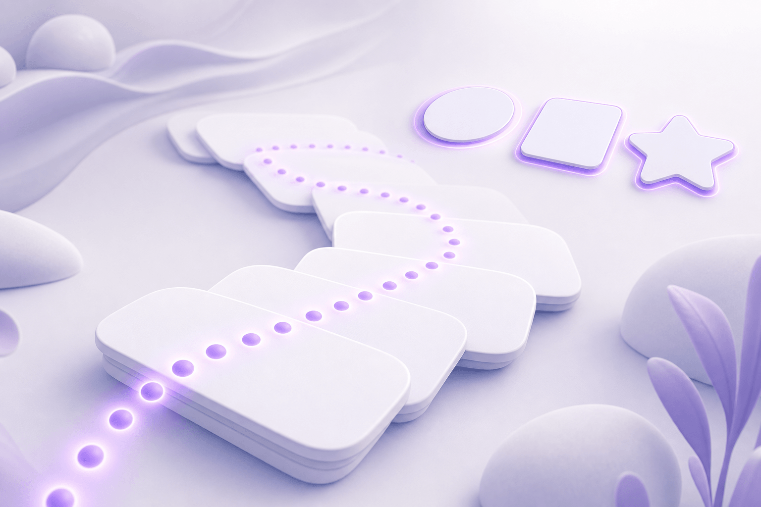 A violet dotted path moving across layered cards