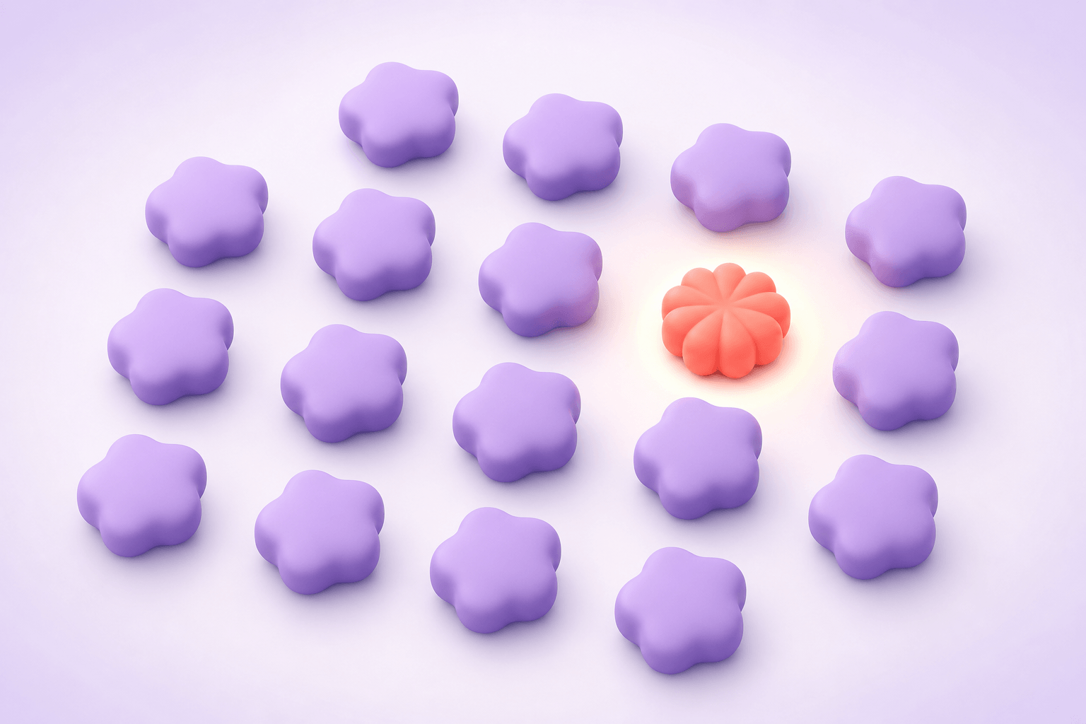 One coral shape standing out among violet shapes