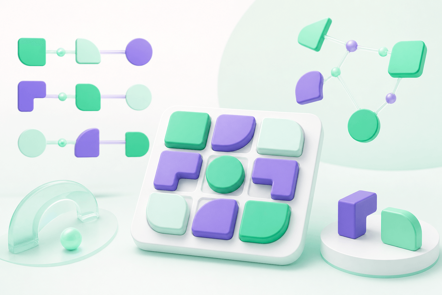 Mint and violet shapes fitting into a logic grid