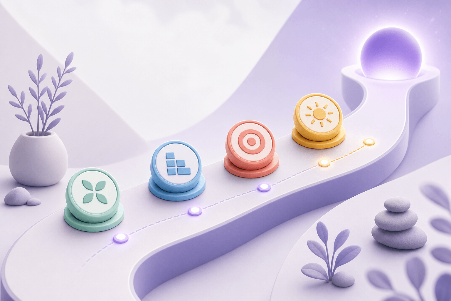 Four colorful workout tokens following a calm path
