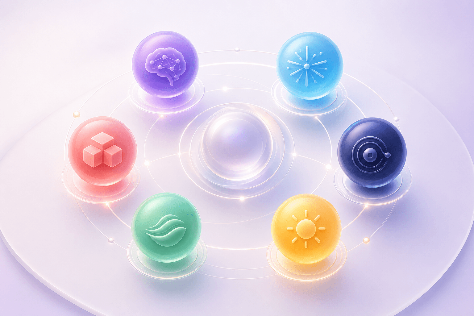 Six colorful skill orbs balanced around a glowing center