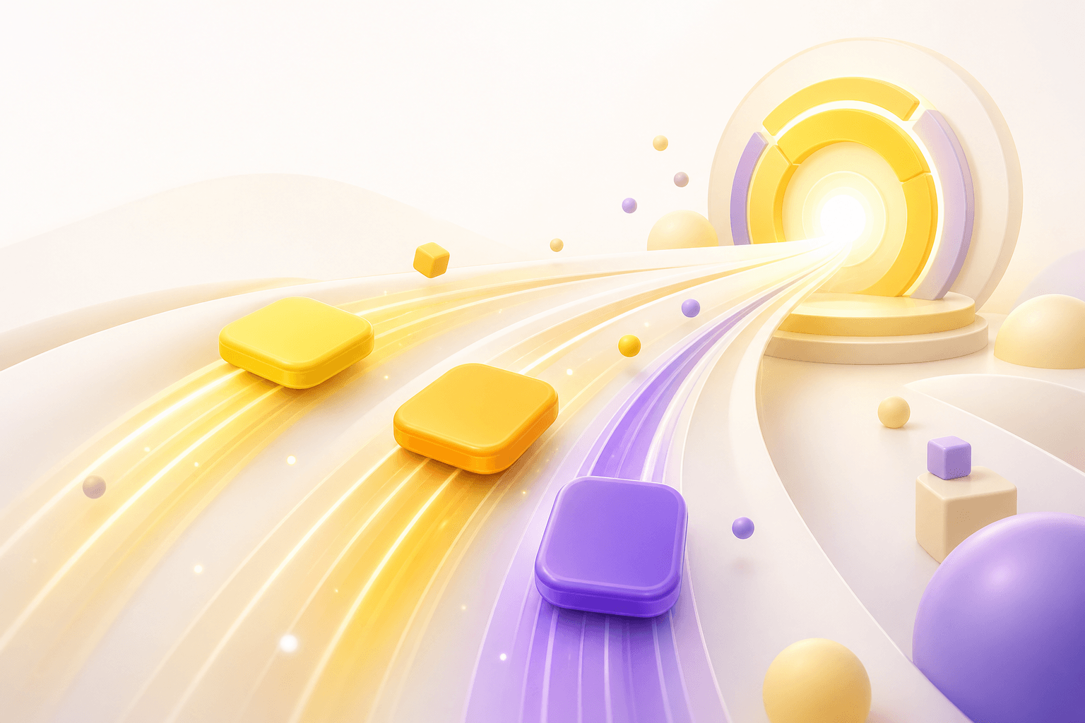 Colorful game tiles moving along bright curved tracks